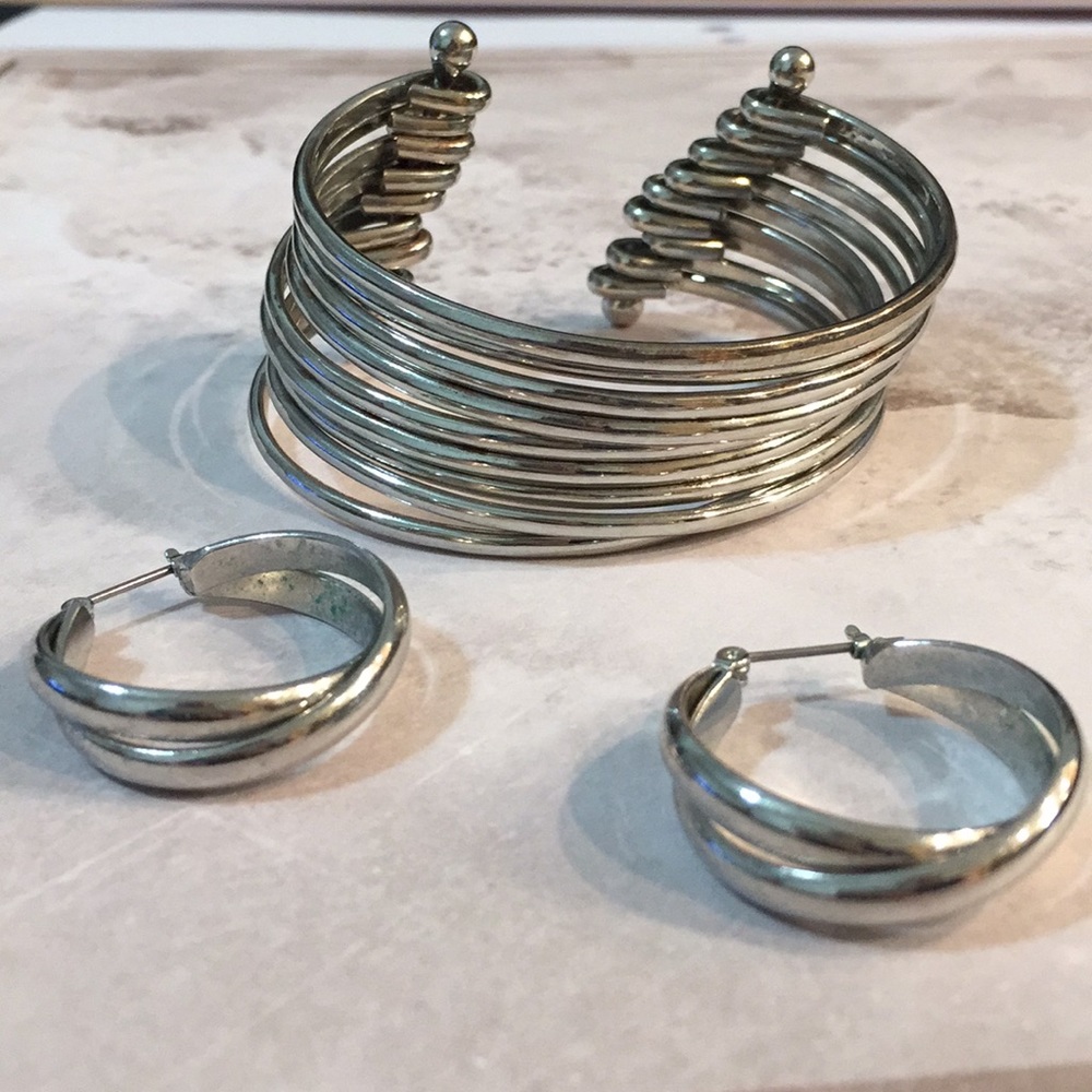 Layered Bangle Bracelet and Twisted Hoop Earring Set Chunky  Silver Tone